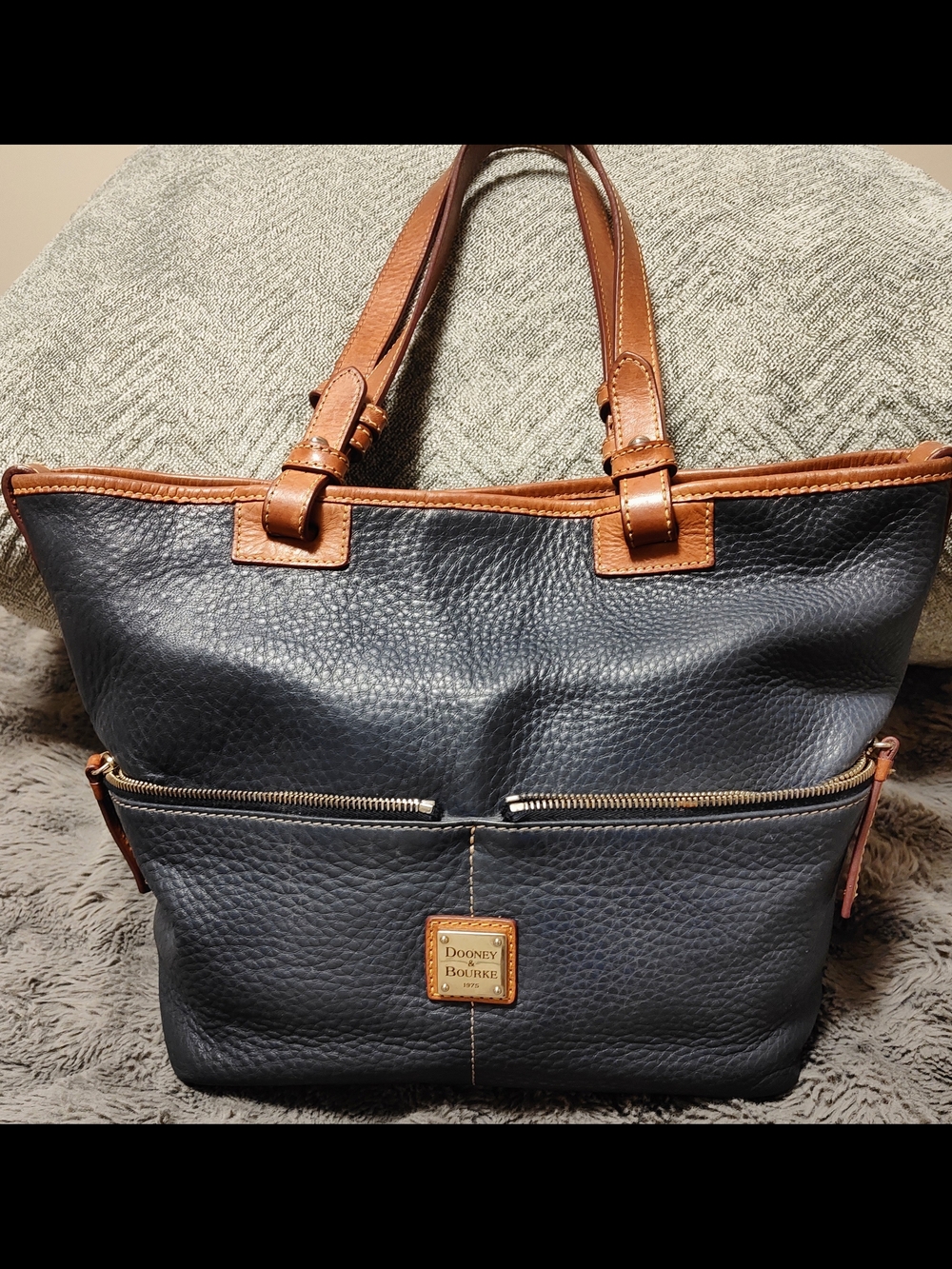 Vintage Dooney & Bourke Navy Pebbled Leather Tote with Brown Trim